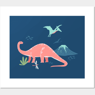 Jurassic Dinosaur in Blue + Coral Posters and Art